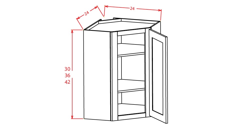 Cinder Shaker Wall Diagonal Glass Door Corner Cabinet- 24″W X 36″H X 12″D